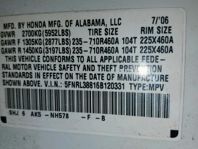 5FNRL38816B120331 - 2006 HONDA ODYSSEY TO WHITE photo 10