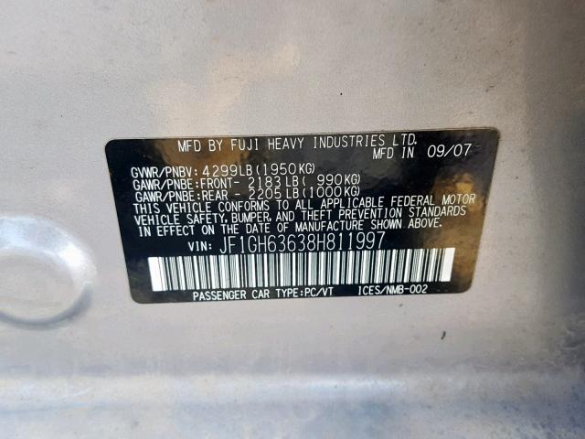 JF1GH63638H811997 - 2008 SUBARU IMPREZA OU SILVER photo 10