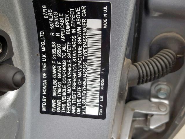 SHHFK7H45JU426126 - 2018 HONDA CIVIC SPOR GRAY photo 10