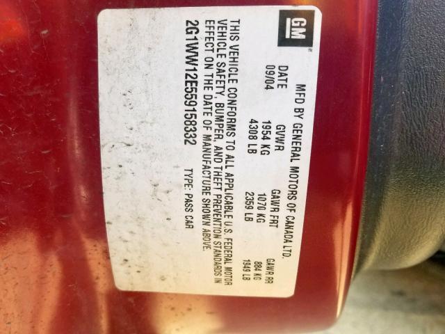 2G1WW12E559158332 - 2005 CHEVROLET MONTE CARL წითელი ფოტო 10