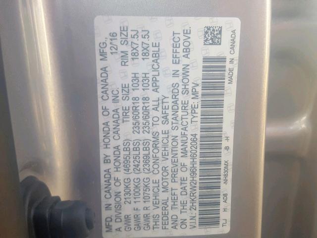 2HKRW2H96HH602064 - 2017 HONDA CR-V TOURI SILVER photo 10