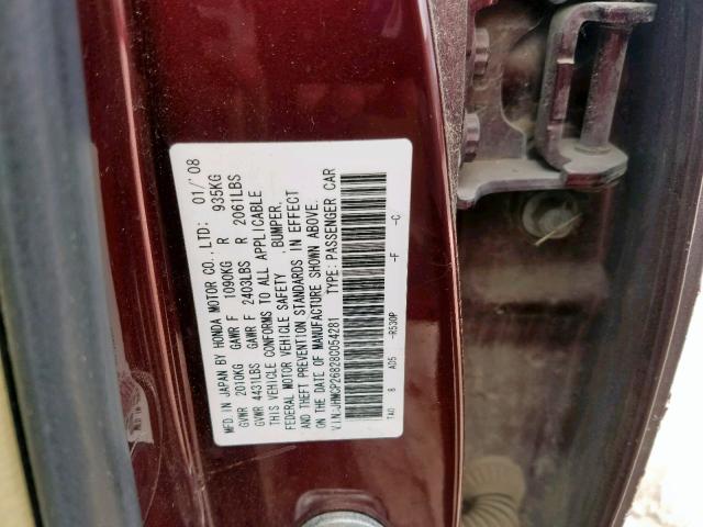 JHMCP26828C054281 - 2008 HONDA ACCORD EXL BURGUNDY photo 10