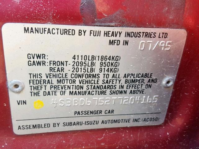 4S3BD6752T7204165 - 1996 SUBARU LEGACY GT RED photo 10