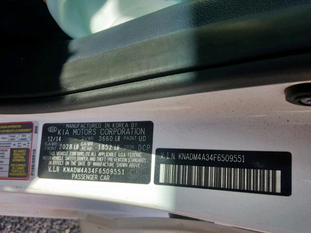 KNADM4A34F6509551 - 2015 KIA RIO LX WHITE photo 10