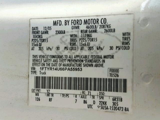 1FTYR14U66PA55953 - 2006 FORD RANGER SUP WHITE photo 10