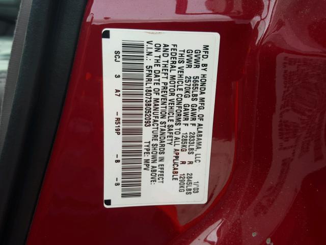 5FNRL18073B052093 - 2003 HONDA ODYSSEY EX RED photo 10