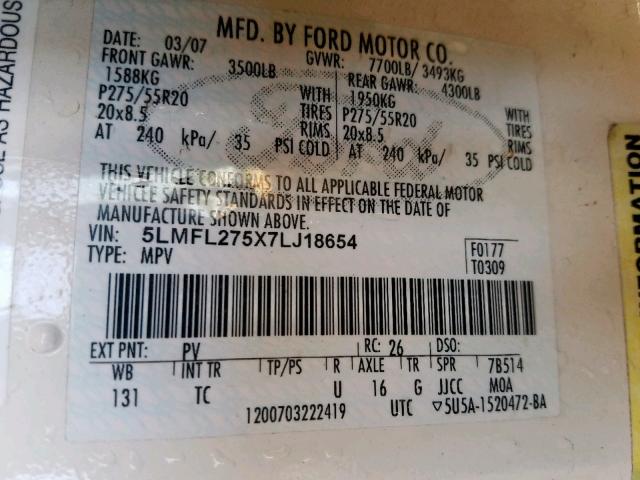 5LMFL275X7LJ18654 - 2007 LINCOLN NAVIGATOR WHITE photo 10