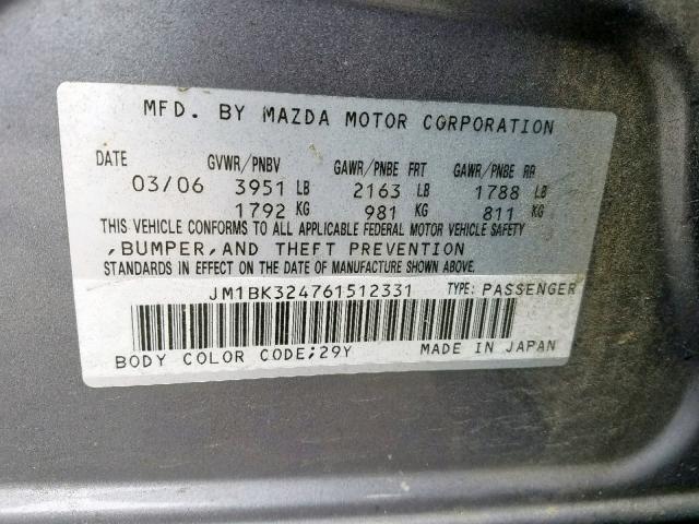 JM1BK324761512331 - 2006 MAZDA 3 S GRAY photo 10