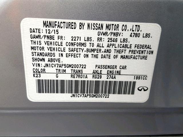 JN1CV7AP5GM200722 - 2016 INFINITI Q50 BASE SILVER photo 10