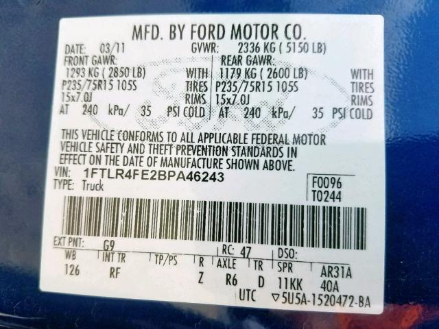 1FTLR4FE2BPA46243 - 2011 FORD RANGER SUP BLUE photo 10