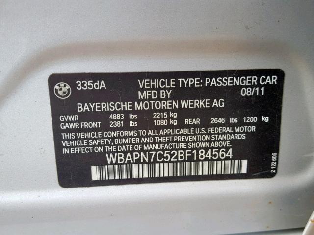 WBAPN7C52BF184564 - 2011 BMW 335 D SILVER photo 10