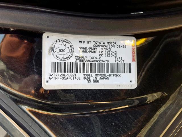 JT8BF28G4X0223476 - 1999 LEXUS ES 300 BLACK photo 10