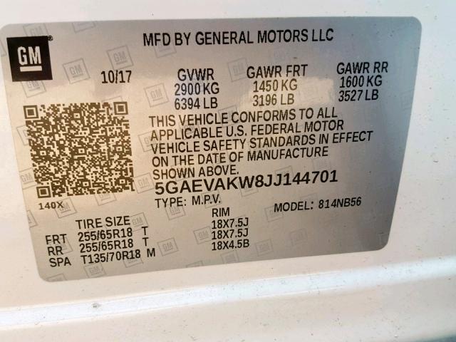 5GAEVAKW8JJ144701 - 2018 BUICK ENCLAVE ES WHITE photo 10