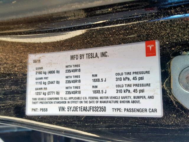 5YJ3E1EA8JF032350 - 2018 TESLA MODEL 3 BLACK photo 10