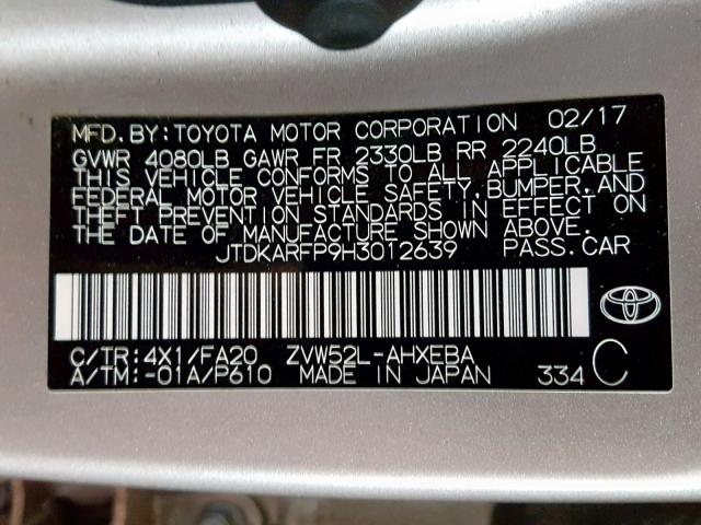 JTDKARFP9H3012639 - 2017 TOYOTA PRIUS PRIM 棕色 照片 10