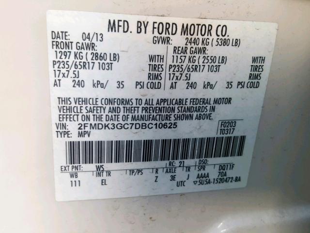 2FMDK3GC7DBC10625 - 2013 FORD EDGE SE WHITE photo 10