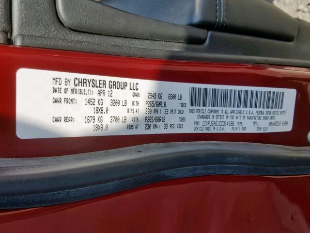 1C4RJEAG1CC314188 - 2012 JEEP GRAND CHER RED photo 10