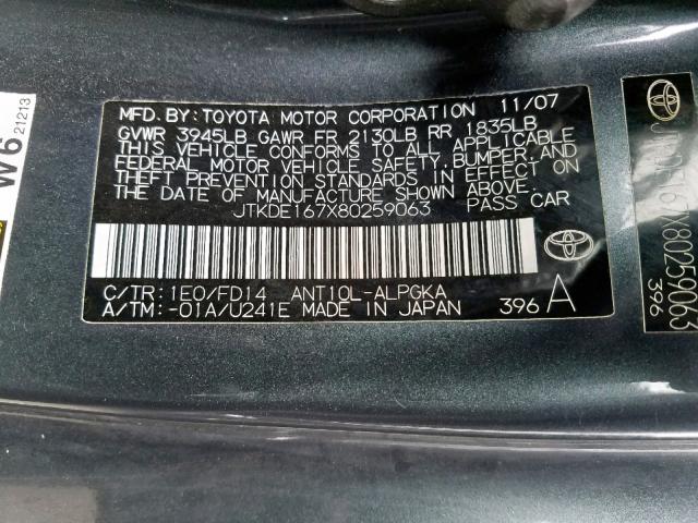 JTKDE167X80259063 - 2008 TOYOTA SCION TC ნაცრისფერი ფოტო 10