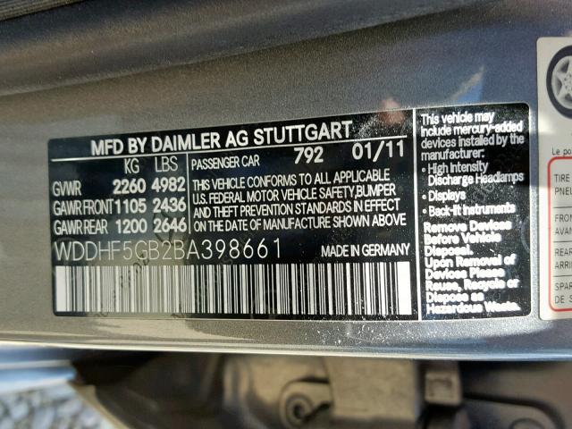 WDDHF5GB2BA398661 - 2011 MERCEDES-BENZ E 350 SILVER photo 10