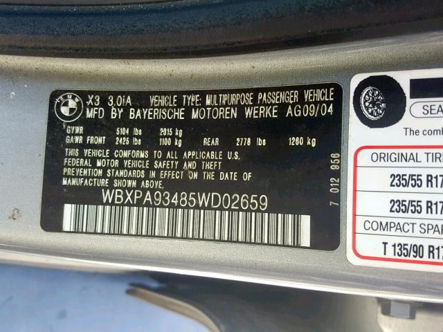 WBXPA93485WD02659 - 2005 BMW X3 3.0I GRAY photo 10