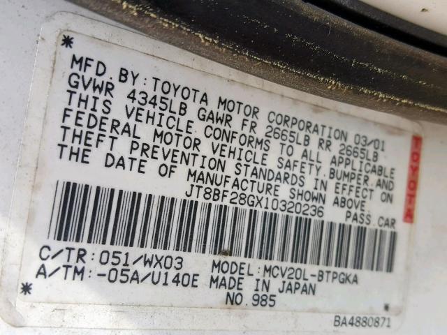 JT8BF28GX10320236 - 2001 LEXUS ES 300 WHITE photo 10