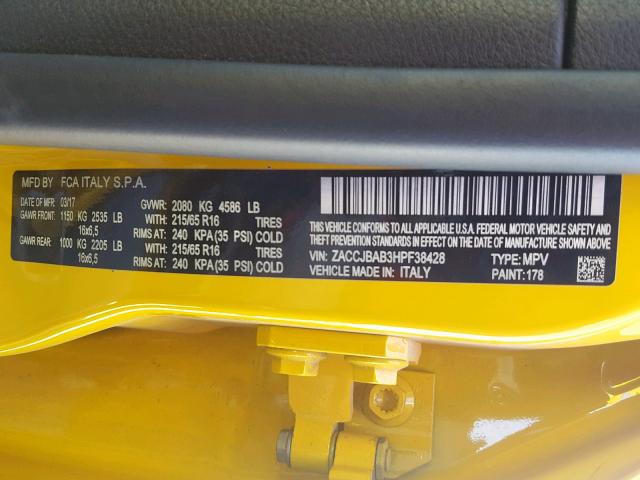 ZACCJBAB3HPF38428 - 2017 JEEP RENEGADE S YELLOW photo 10