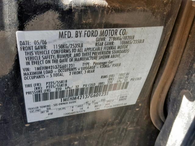 1MEHM42137G601231 - 2007 MERCURY MONTEGO PR შავი ფოტო 10