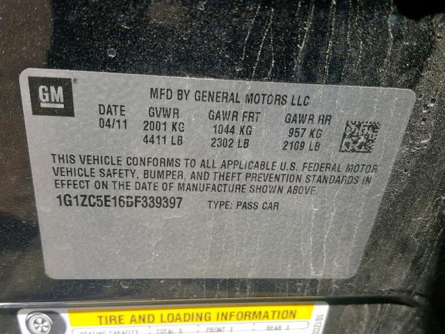 1G1ZC5E16BF339397 - 2011 CHEVROLET MALIBU 1LT 灰色 照片 10