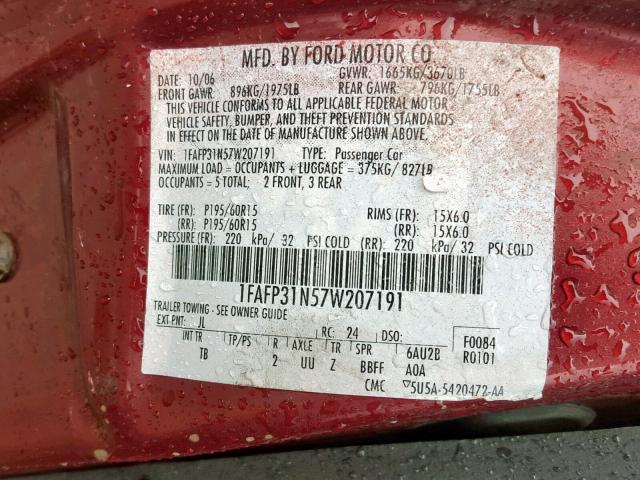 1FAFP31N57W207191 - 2007 FORD FOCUS ZX3 BURGUNDY photo 10