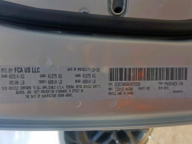 2C3CDXBG6KH572326 - 2019 DODGE CHARGER SX GRAY photo 10