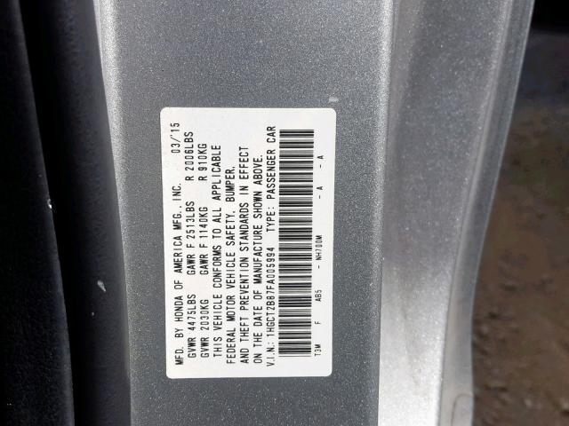 1HGCT2B87FA005994 - 2015 HONDA ACCORD EXL SILVER photo 10