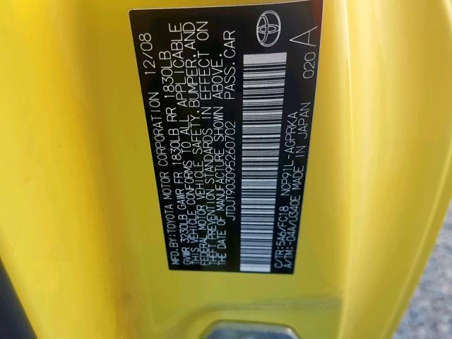 JTDJT903095260702 - 2009 TOYOTA YARIS YELLOW photo 10