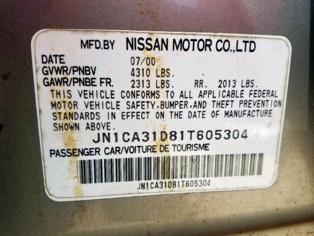 JN1CA31D81T605304 - 2001 NISSAN MAXIMA GXE TAN photo 10