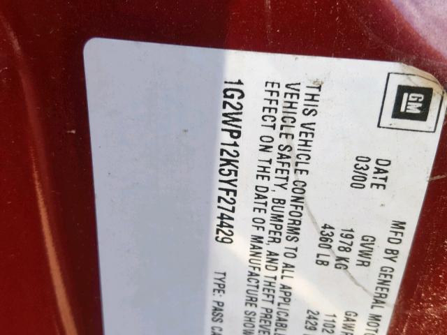 1G2WP12K5YF274429 - 2000 PONTIAC GRAND PRIX BURGUNDY photo 10