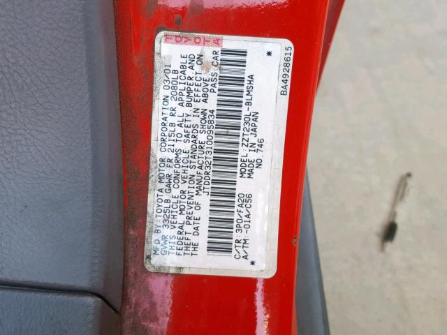 JTDDR32T310095834 - 2001 TOYOTA CELICA GT RED photo 10