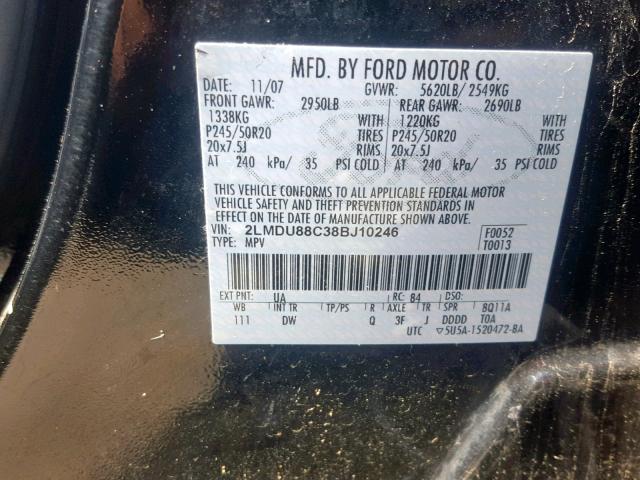 2LMDU88C38BJ10246 - 2008 LINCOLN MKX BLACK photo 10