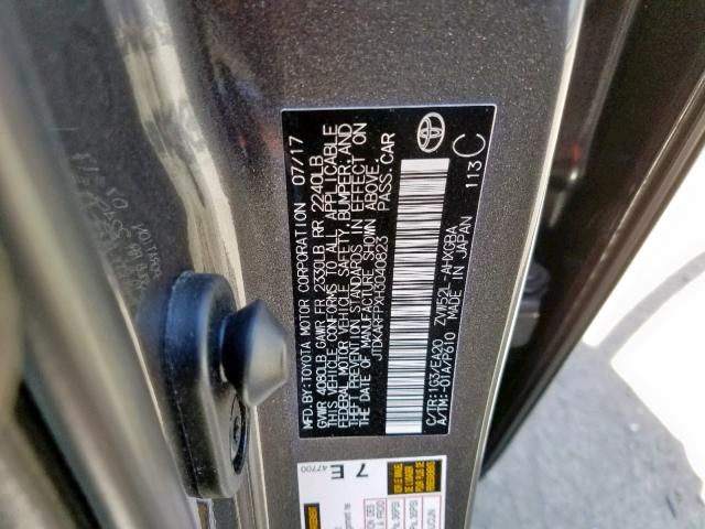 JTDKARFPXH3040823 - 2017 TOYOTA PRIUS PRIM 灰色 照片 10