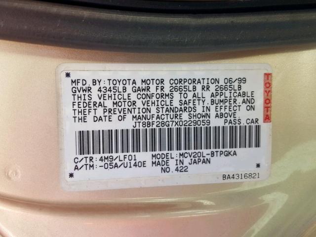 JT8BF28G7X0229059 - 1999 LEXUS ES 300 TAN photo 10