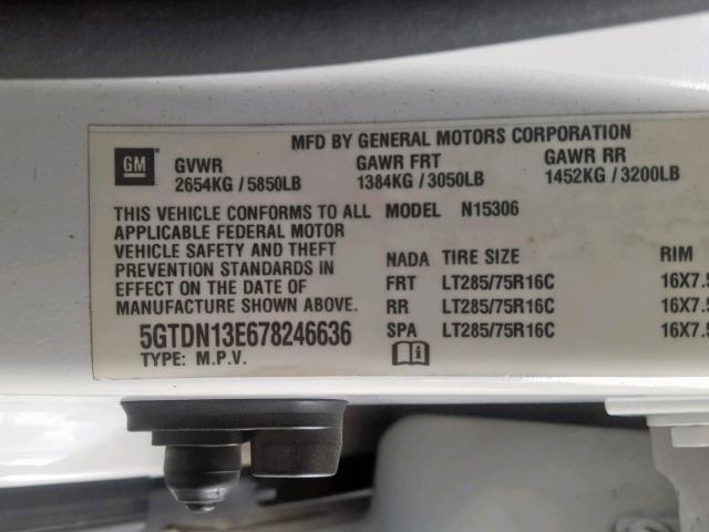 5GTDN13E678246636 - 2007 HUMMER H3 WHITE photo 10