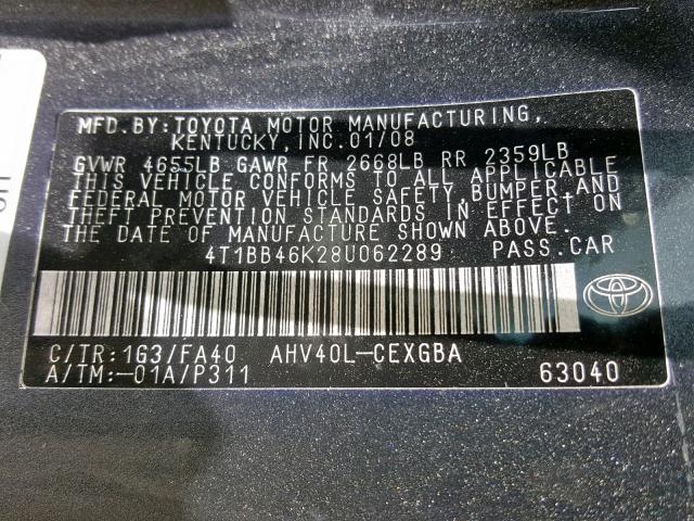 4T1BB46K28U062289 - 2008 TOYOTA CAMRY HYBR GRAY photo 10