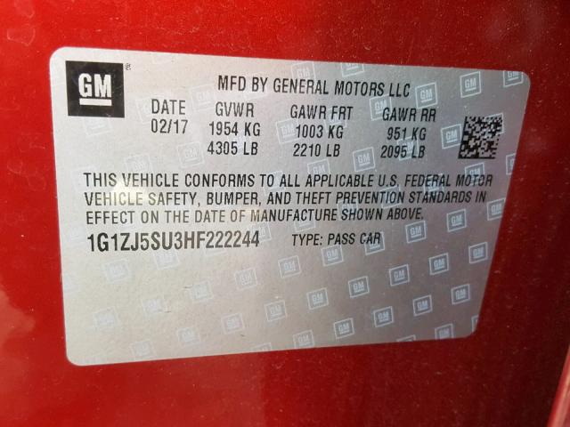 1G1ZJ5SU3HF222244 - 2017 CHEVROLET MALIBU HYB RED photo 10