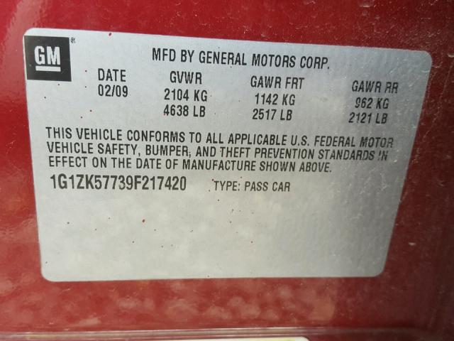 1G1ZK57739F217420 - 2009 CHEVROLET MALIBU LTZ 红色 照片 10