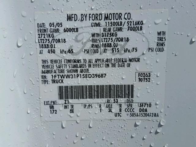 1FTWW31P15ED39687 - 2005 FORD F350 SRW S WHITE photo 10