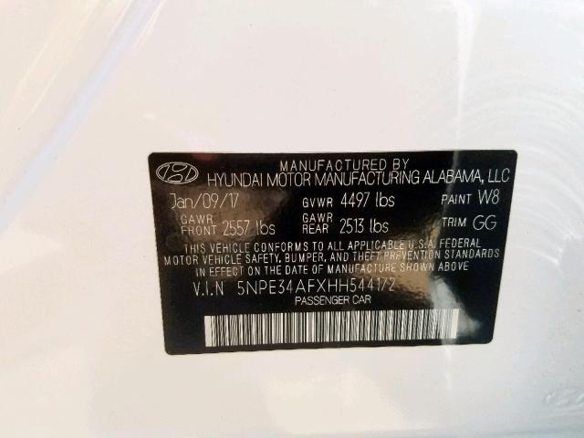 5NPE34AFXHH544172 - 2017 HYUNDAI SONATA SPO WHITE photo 10