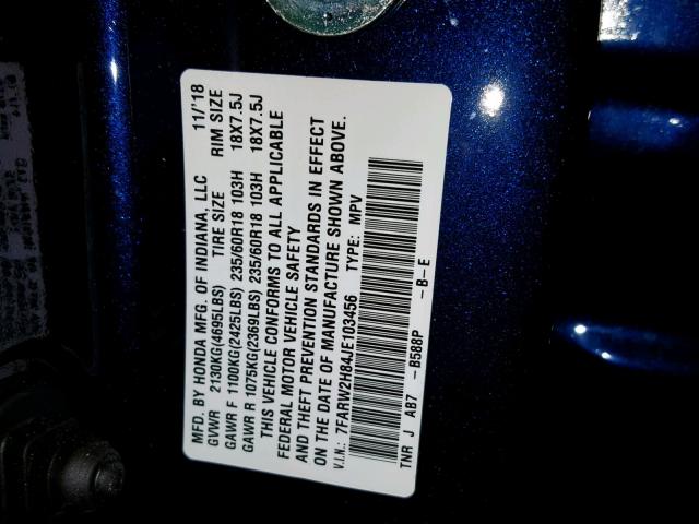 7FARW2H84JE103456 - 2018 HONDA CR-V EXL BLUE photo 10