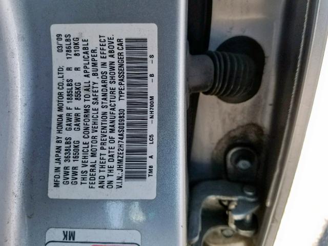 JHMZE2H74AS009830 - 2010 HONDA INSIGHT EX SILVER photo 10