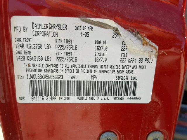 1J4GL38KX5W656623 - 2005 JEEP LIBERTY RE RED photo 10