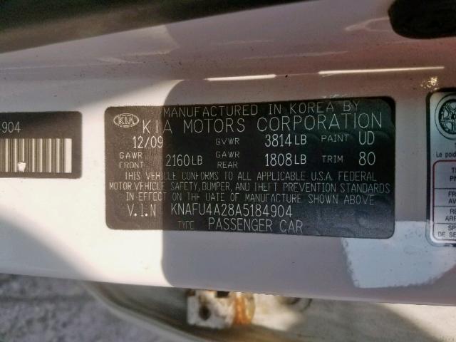 KNAFU4A28A5184904 - 2010 KIA FORTE EX WHITE photo 10