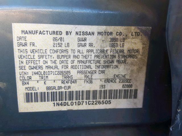 1N4DL01D71C226505 - 2001 NISSAN ALTIMA XE TURQUOISE photo 10