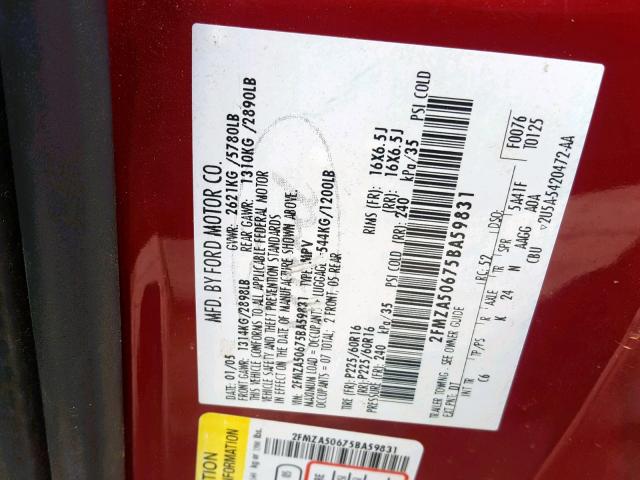 2FMZA50675BA59831 - 2005 FORD FREESTAR S RED photo 10